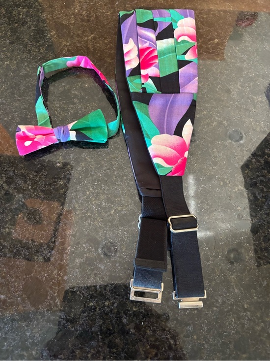 Other - Floral Bow Tie and Adjustable cummerbund (34-36”) - Green, Pink & Purple